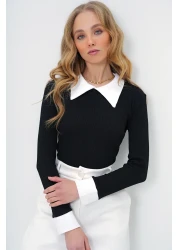 Trend Alaçatı Stili Black Shirt Collar Block Color Camisole Women's Blouse - Alc-X13511