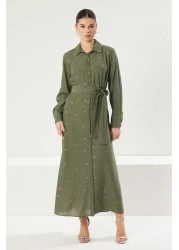  Modest فستان قميص منسوج سادة بتفاصيل حجرية كاكي - حجاب مجعد TCTSS25EB00049