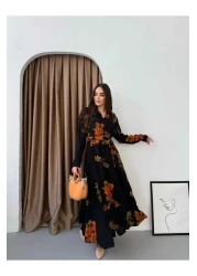 Att Style Full Length Black Floor Orange Rose Pattern Dress