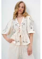 Trend Alaçatı Stili Women's Ecru V-Neck Skirt with Lacing and Embroidery Detail Flounced Muslin Linen Blouse Alc-X13993