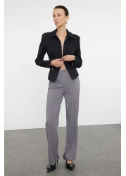  Collection Gray Straight Cut High Waist Ribbed Stitched Woven Trousers TWOSS21PL0093