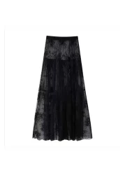 GARDIROZA تنورة طويلة من الدانتيل باللون الأسود - تنورة قوطية مستوردة من الجبر وتفاصيل صغيرة من الجبر