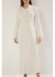  Modest Beige Button Woven Fabric Dress Tctss25Eb00027