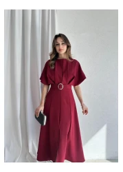 LİBAS Belt Detail Midi Dress Burgundy Color Dress