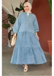 Neva Style فستان جينز حجاب أزرق بأزرار 10622M