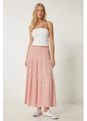 Happiness İstanbul Women's Pink Floral Slim Summer Woven Skirt Ub00304