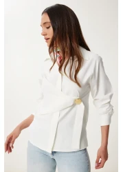 Happiness İstanbul قميص بوبلين نسائي مزين بالذهب على شكل عظمة US00975