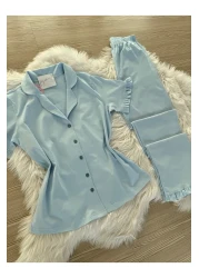 Pijamacs Baby Blue Cotton Sleeve and Leg Ruffle Detailed Short Sleeve Front Buttoned Pajama Set