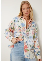 Happiness İstanbul قميص فيسكوز بسطح ساتان منقوش باللون الأزرق للنساء CR00504