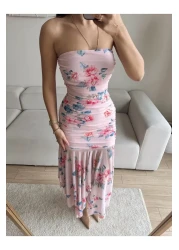 Zoom Butik Floral strapless Draped dress - pink