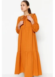  Modest Cinnamon Embroidery Detailed Linen Look Woven Dress Tctss23Eb00257