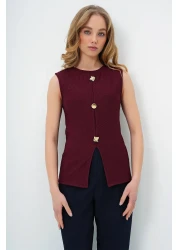 Trend Alaçatı Stili Women's Burgundy Crew Neck Gold Buttoned Ottoban Blouse Alc-X13729