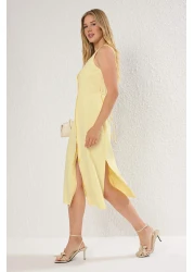  Collection Light Yellow Belted Linen Blend Midi Woven Shirt Dress Twoss25El00651