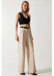 Happiness İstanbul Women's Cream Wide Leg Masculine Woven Trousers HG00001