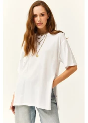 Olalook تيشيرت نسائي من القطن باللون الأبيض مع أزرار ذهبية على الجوانب TSH-19000762