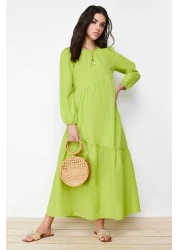  Modest فستان منسوج من القطن ذو قصة واسعة باللون الأخضر الزيتي TCTSS21EL3470