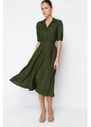  Collection فستان منسوج متوسط الطول بياقة قميص كاكي على شكل حرف A TWOSS21EL1023