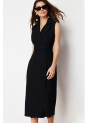  Collection Double Breasted Collar Black Midi Dress with Pencil Skirt - Button Detail, Sleeveless - TWOSS24EL00616