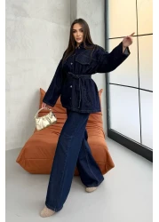 ASEDE Pocket Detailed Belted Navy Blue Denim Premium Jacket Jean Set