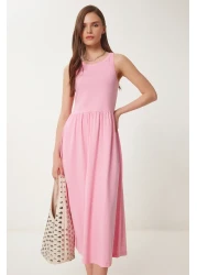 Happiness İstanbul Women's Pink Halter Neck Basic Summer Knitted Dress Cr00474
