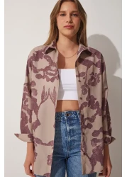 Happiness İstanbul قميص بوبلين كبير الحجم منقوش باللون البيج البرقوق للنساء DD01227