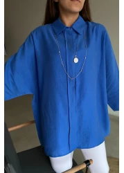 FEMELLE Women's Saks Blue Hidden Buttoned Poor Sleeve Loose Fit Oversize Shirt