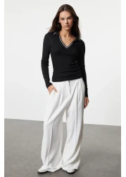  Collection Stretchy Corded Black Knitted Blouse - Knitwear Collar Detail, Fitted TWOAW25BZ00121
