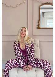 Pijamaevi Purple Daisy Exclusive Women's Pajama Set with Knitted Dressing Gown