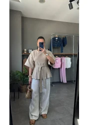 YOUR NAME Oversize Belted Ecru Linen Blouse