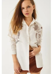 Bianco Lucci Women's Bead Stone Embroidery Embroidered Linen Aerobin Oversize Shirt 60283026