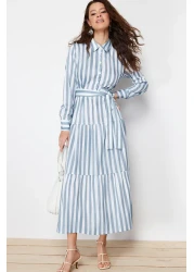  Modest فستان قميص أزرق مخطط متدرج وحزام - TCTSS24EB00150