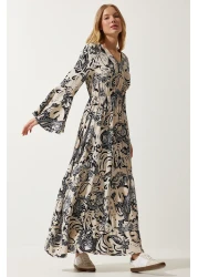 Happiness İstanbul Women's Beige Patterned Summer Viscose Dress DD01303