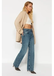  Collection جينز أزرق عتيق ذو تأثير شاحب عالي الخصر وواسع الساق TWOAW24JE00089