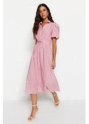  Collection Pink Striped Double Breasted Collar Midi Woven Dress TWOSS23EL02233