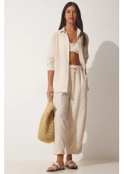 Happiness İstanbul Women's Cream Linen Shirt Shalwar Trousers Set DZ00080