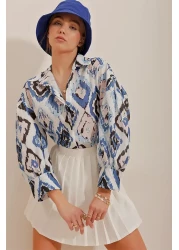 Trend Alaçatı Stili Women's Indigo Princess Ethnic Patterned Flaming Linen Woven Shirt ALC-X10396