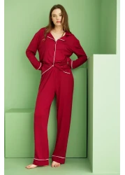 Siyah İnci Shirt Collar Buttoned Long Sleeve Viscose Pajama Suit Payroll 7829