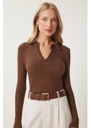 Happiness İstanbul Women's Brown Polo Neck Corded Knitted Blouse GT00111