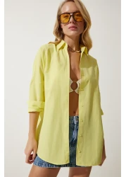 Happiness İstanbul قميص نسائي أساسي طويل كبير الحجم باللون الأصفر الفاتح DD00842