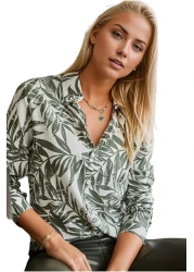 Cassime Women's Green Leaf Patterned Long Sleeve Viscose Shirt S-M-L-Xl-2Xl-3Xl