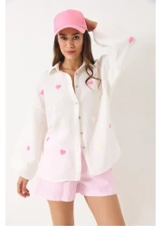 Bianco Lucci Women's Süzene Heart Embroidered Oversize Muslin Shirt 2036 60283052