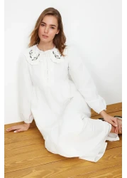  Modest Ecru Embroidery Detail Linen Look Woven Dress Tctss23Eb00257