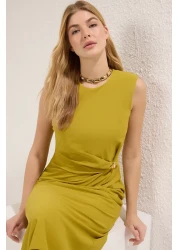  Collection Oil Green Solid Body-Hugging Accessory Midi Woven Dress Twoss25El00204