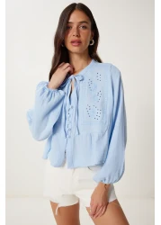Lovelyİstanbul Musseline Blouse with Scalloped Tie Detail Sky Blue Lfh0002