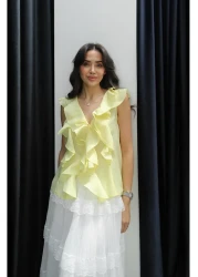 Havoş Yellow Zero Sleeve Ruffle Blouse