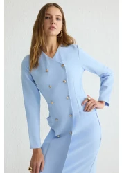  Modest Blue Button Woven Fabric Dress Tctss25Eb00027