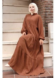 sefamerve Half Button Sleeve Elastic Dress 2074-01 Tan