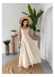 Afiş Butik Beige Thick Strap Embroidered Linen Pleated Dress