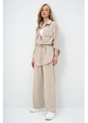 Trend Alaçatı Stili Beige Double Pocket Safari Jacket and Crepe Bottom Top Set with Wide Leg Pants with Elastic Waist Alc-X14086
