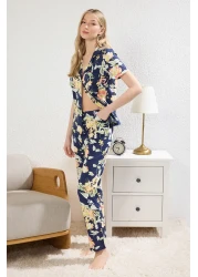  Collection Navy 100% Cotton Floral Knitted Pajamas Set Thmss20Pt0063